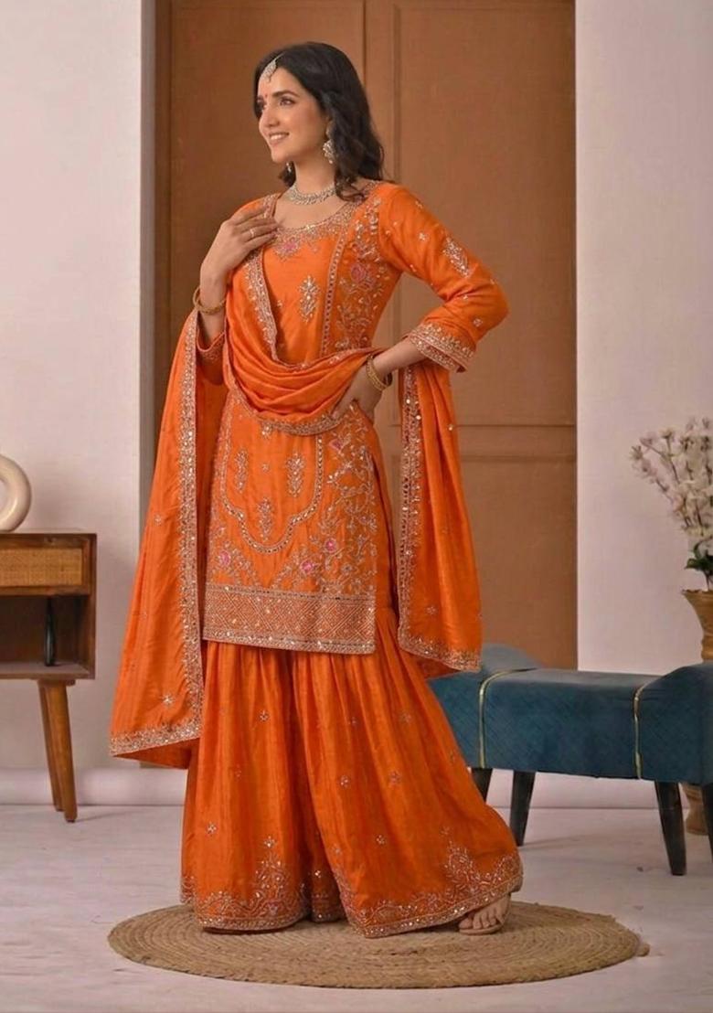 Orange Embroidered Crepe Palazzo Set - Indya