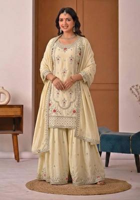 Off White Embroidered Crepe Palazzo Set