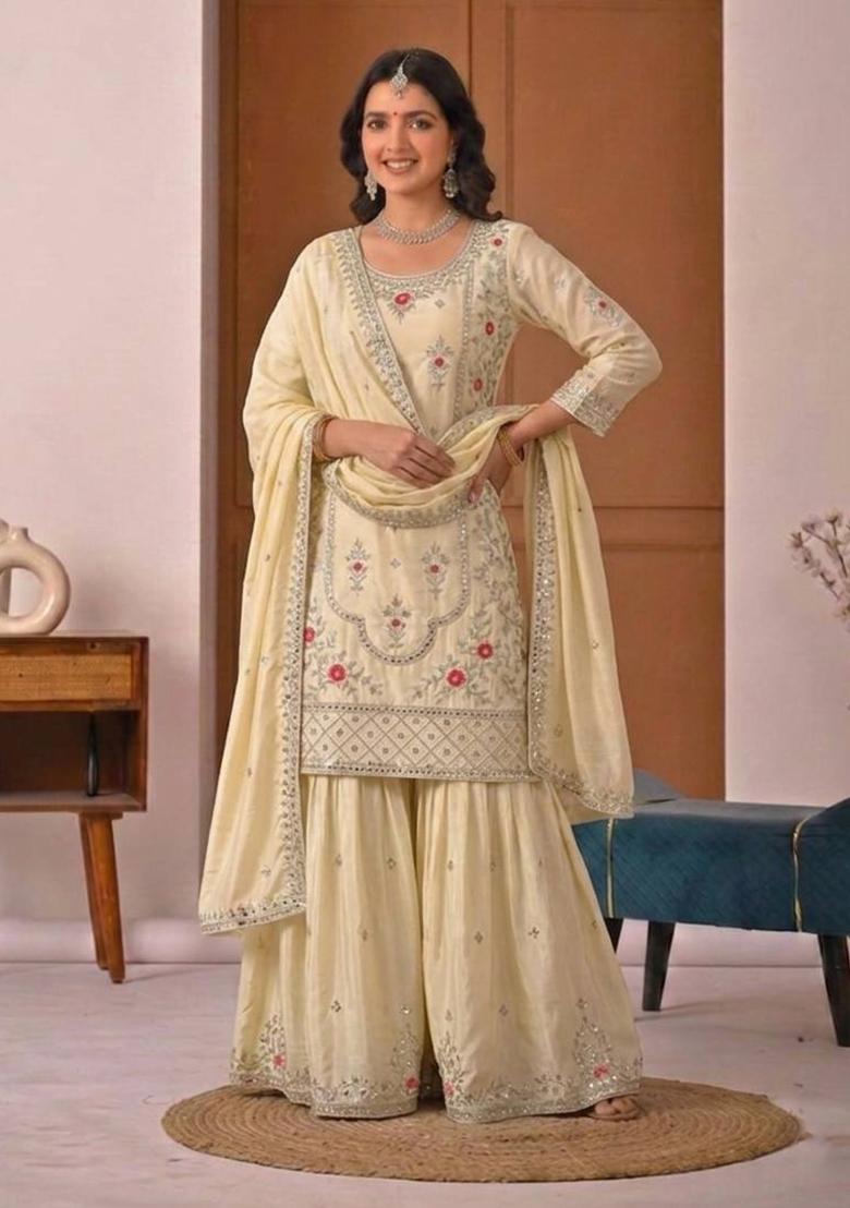 Off White Embroidered Crepe Palazzo Set - Indya