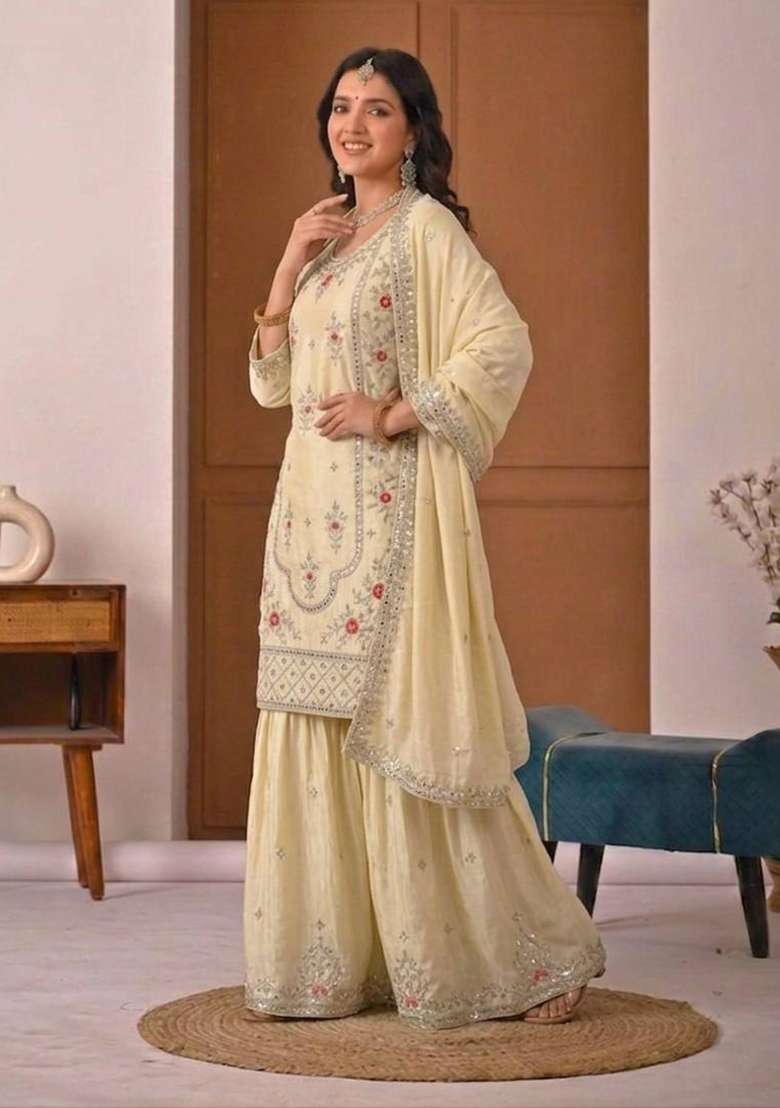 Off White Embroidered Crepe Palazzo Set - Indya