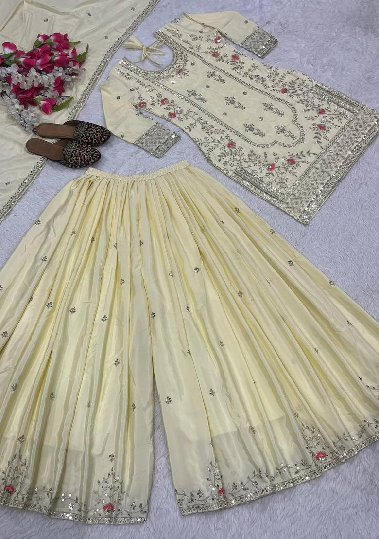 Off White Embroidered Crepe Palazzo Set - Indya
