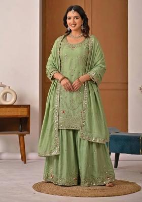 Pista Green Embroidered Crepe Palazzo Set