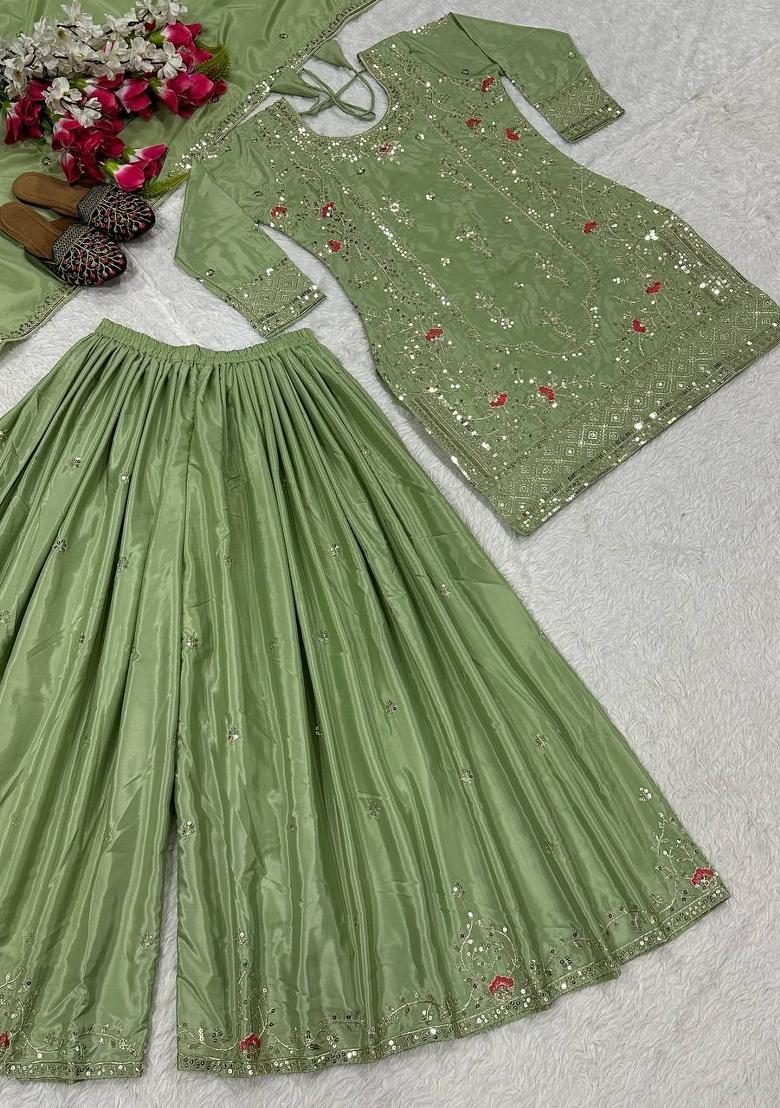 Pista Green Embroidered Crepe Palazzo Set - Indya