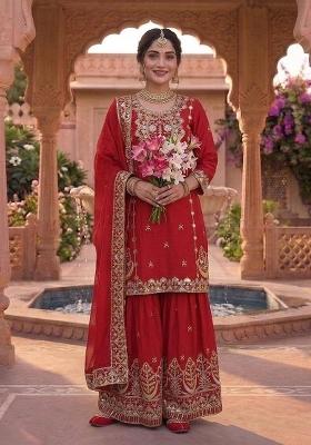Crimson Red Embroidered Silk Sharara Set
