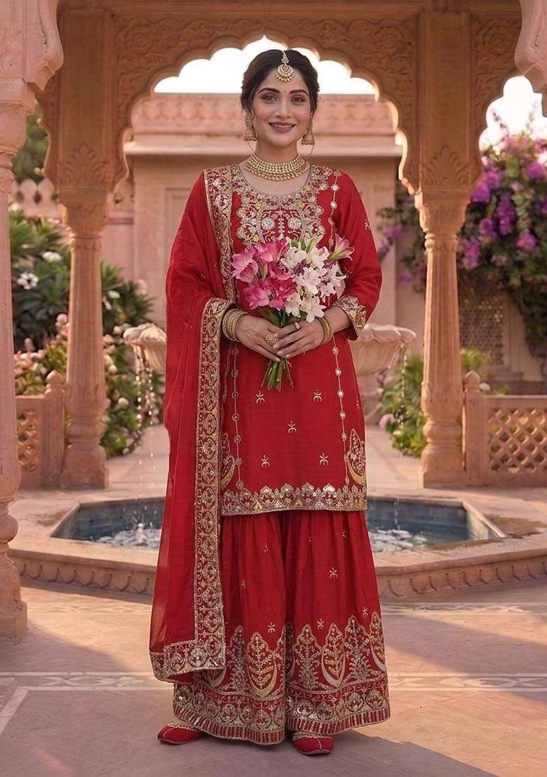 Crimson Red Embroidered Silk Sharara Set - Indya
