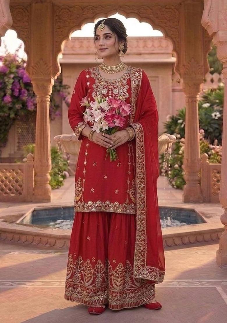 Crimson Red Embroidered Silk Sharara Set - Indya