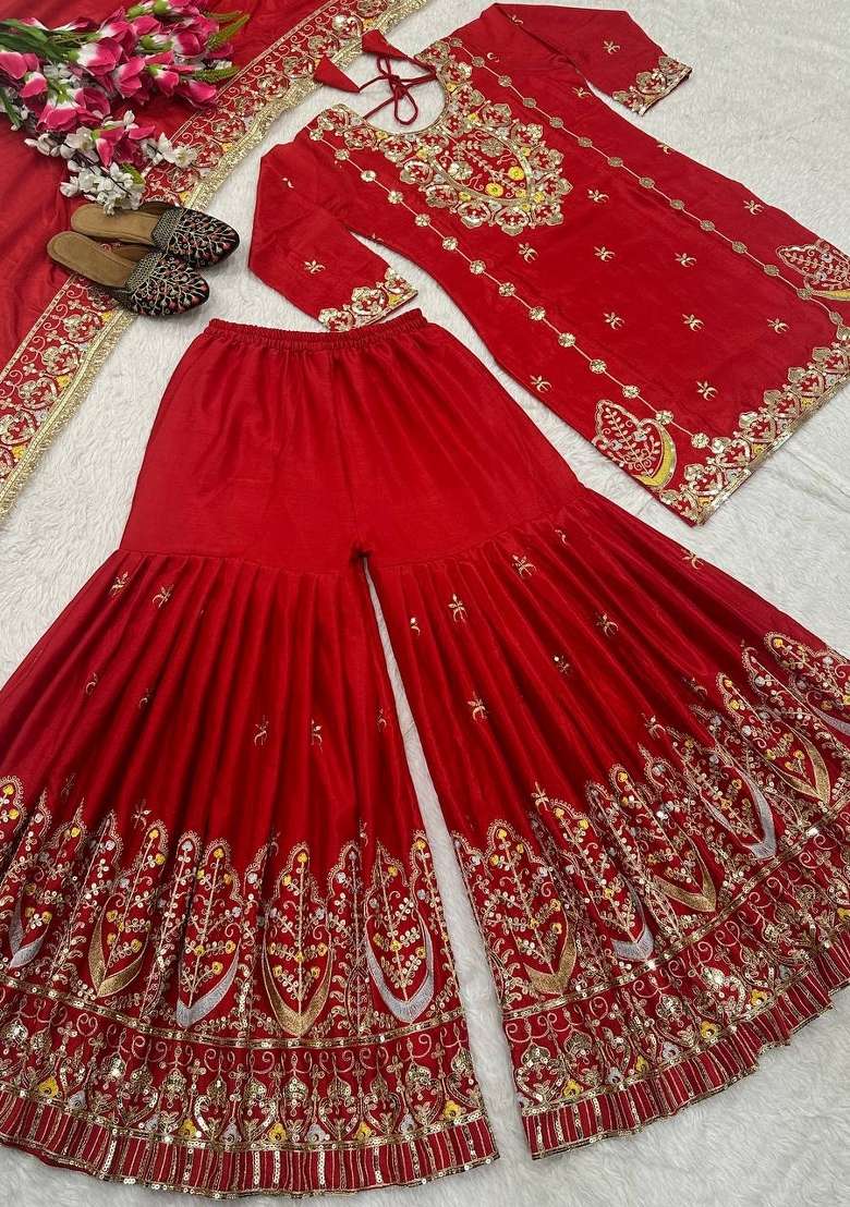Crimson Red Embroidered Silk Sharara Set - Indya