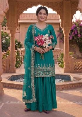 Firozi Embroidered Crepe Sharara Set