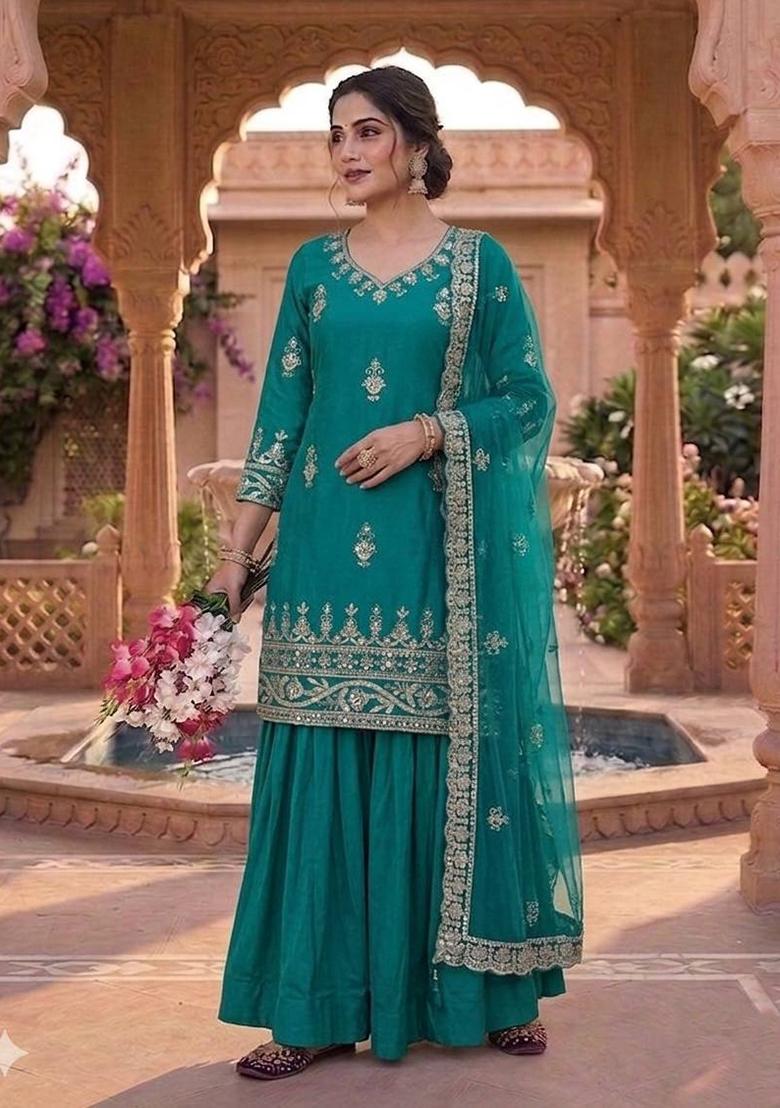 Firozi Embroidered Crepe Sharara Set - Indya