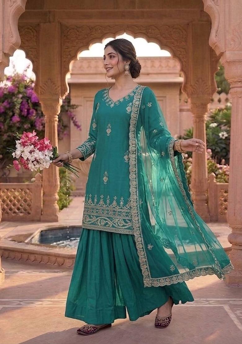 Firozi Embroidered Crepe Sharara Set - Indya