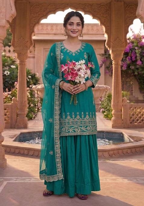Firozi Embroidered Crepe Sharara Set