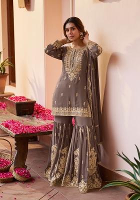 Grey Sequin Work Chinon Sharara Set