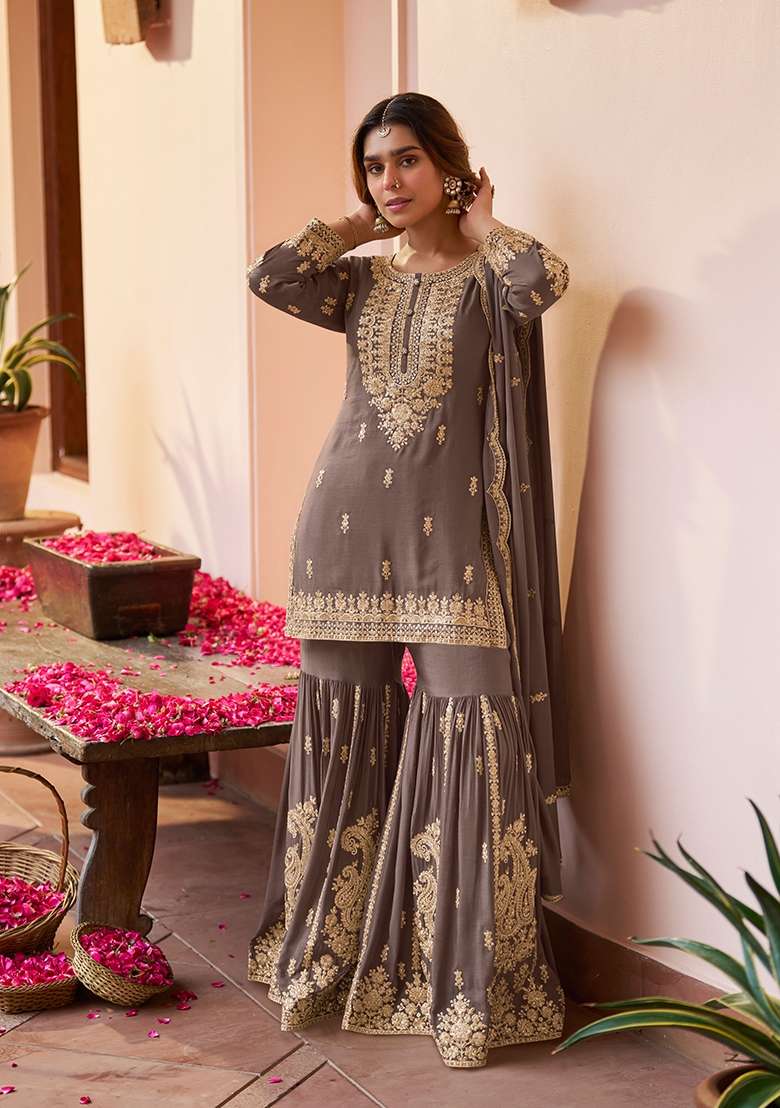 Grey Sequin Work Chinon Sharara Set - Indya