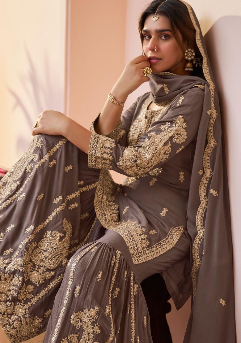 Grey Sequin Work Chinon Sharara Set - Indya