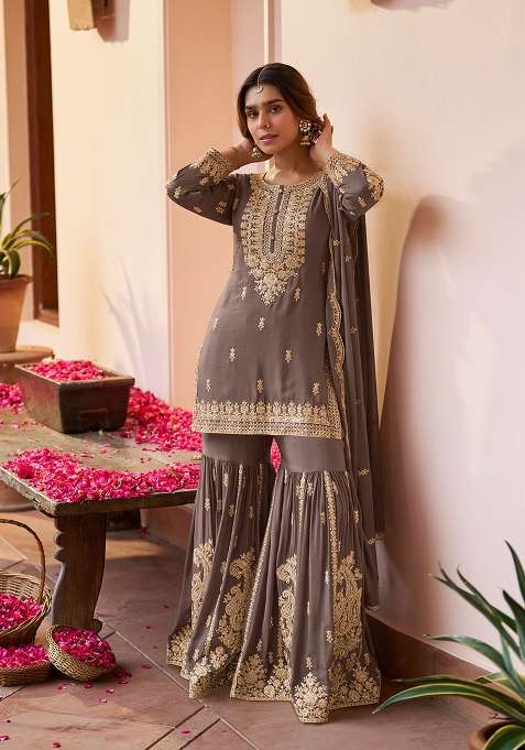 Grey Sequin Work Chinon Sharara Set