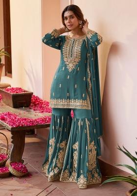 Sea Green Sequin Work Chinon Sharara Set