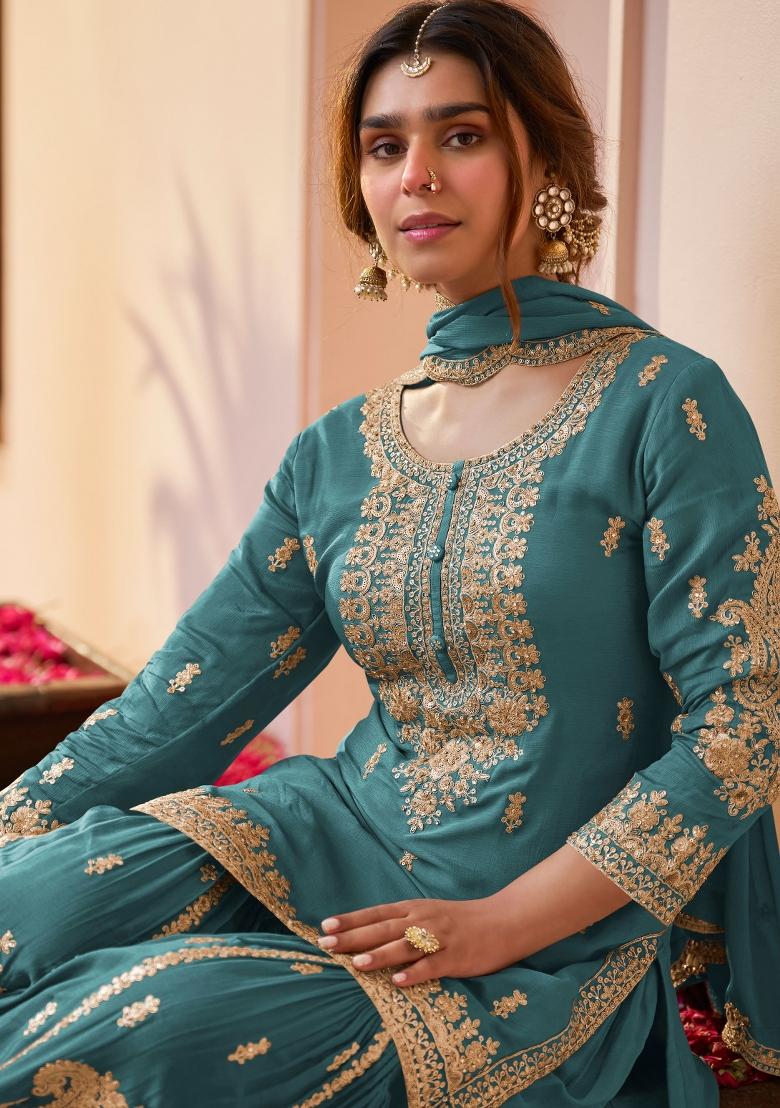 Sea Green Sequin Work Chinon Sharara Set - Indya
