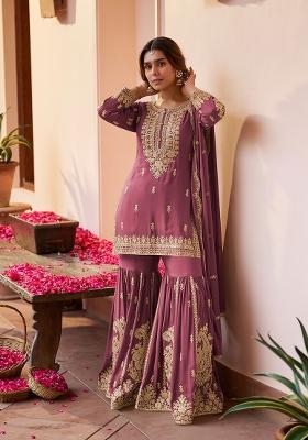 Mauve Sequin Work Chinon Sharara Set