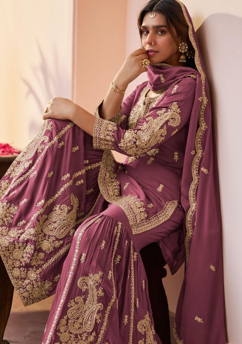 Mauve Sequin Work Chinon Sharara Set - Indya