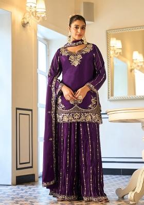 Purple Sequin Work Georgette Sharara Set