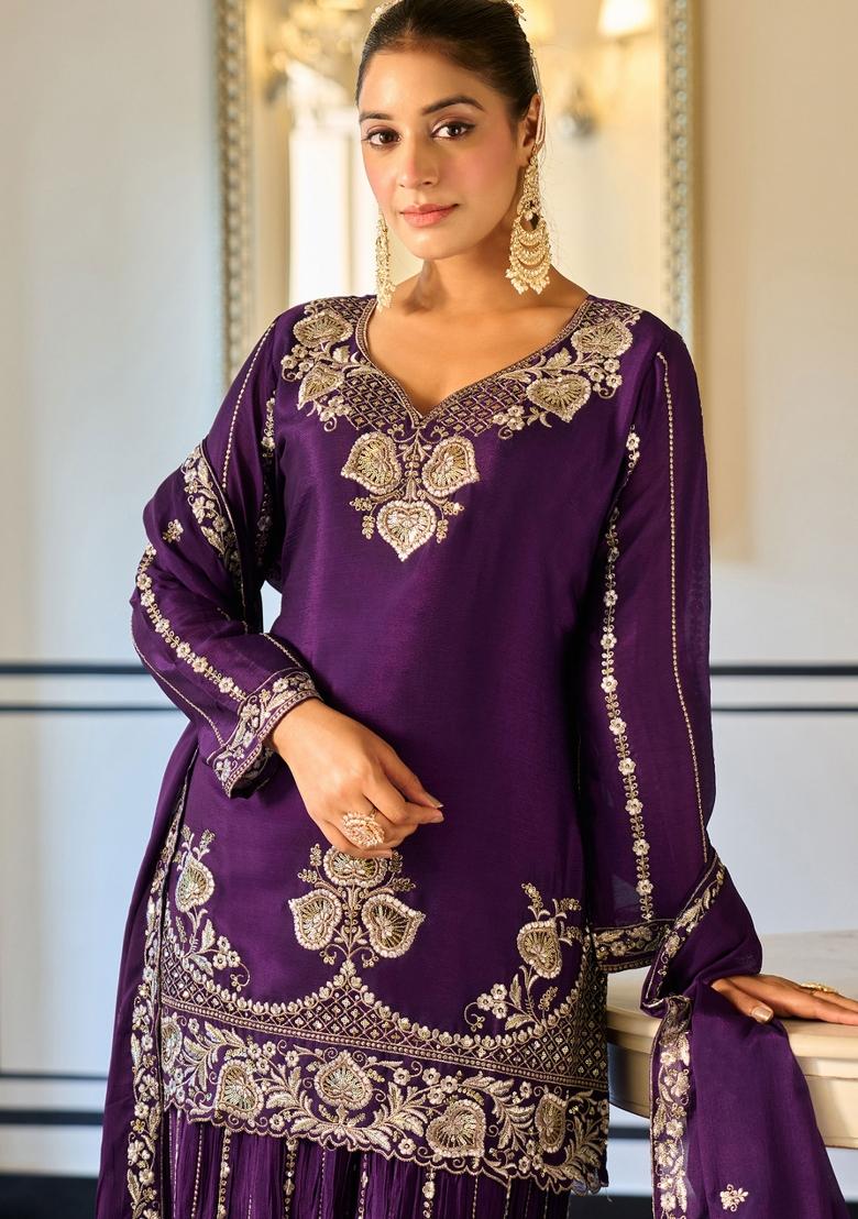 Purple Sequin Work Georgette Sharara Set - Indya