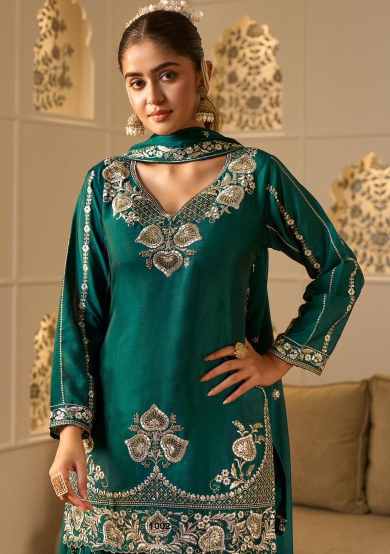 Rama Green Sequin Work Georgette Sharara Set - Indya