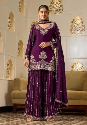 Royal Purple Sequin Work Georgette Sharara Set