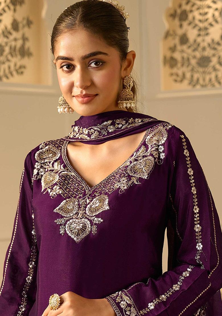 Royal Purple Sequin Work Georgette Sharara Set - Indya