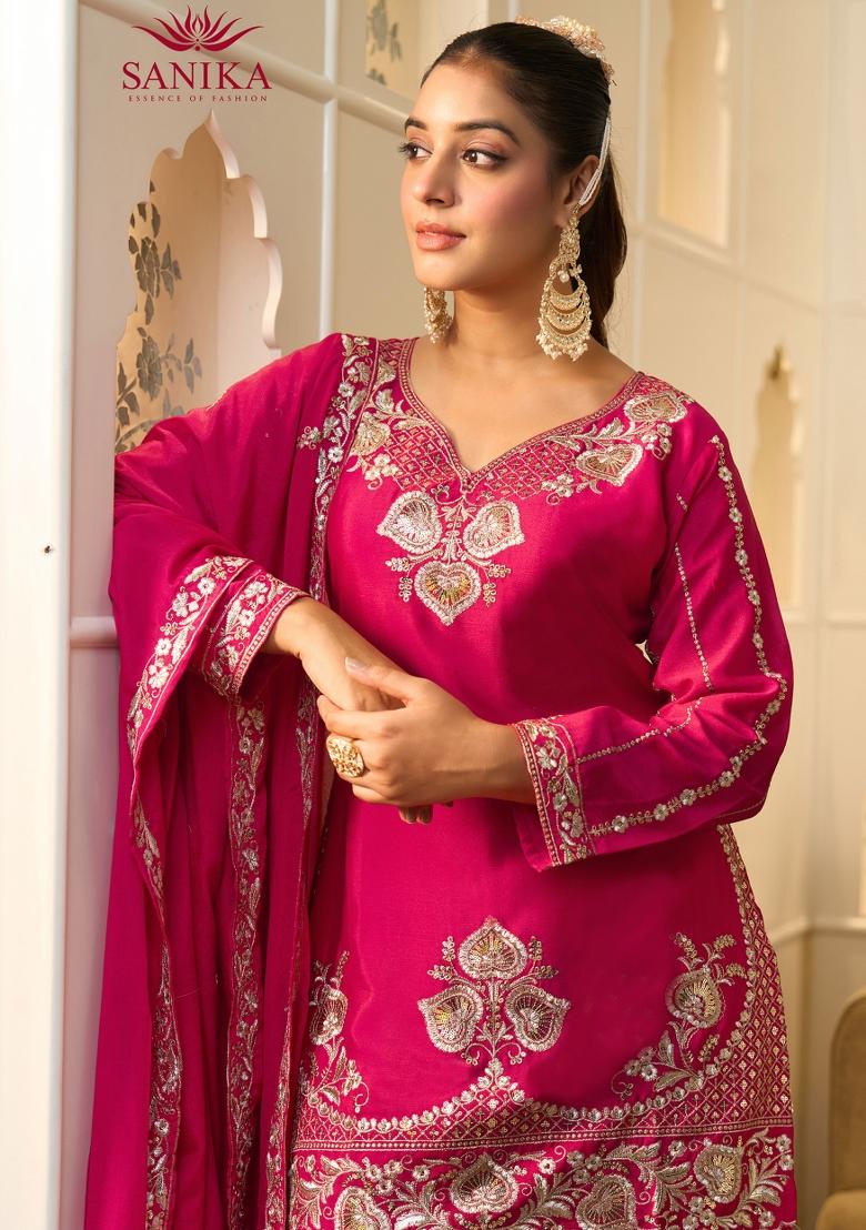 Rani Pink Sequin Work Georgette Sharara Set - Indya