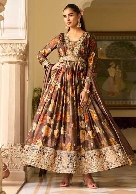 Brown Sequin Work Georgette Kurta With Dupatta