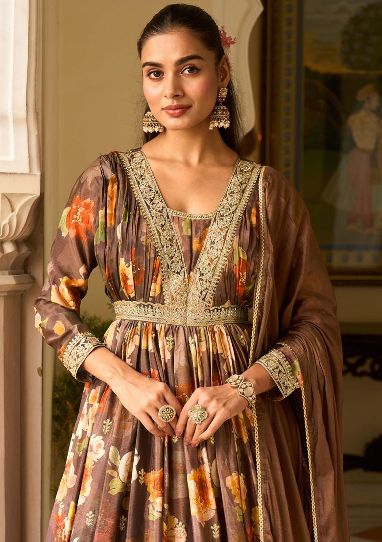 Brown Sequin Work Georgette Kurta With Dupatta - Indya