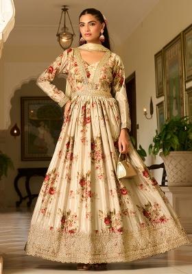 Cream Sequin Work Georgette Kurta With Dupatta
