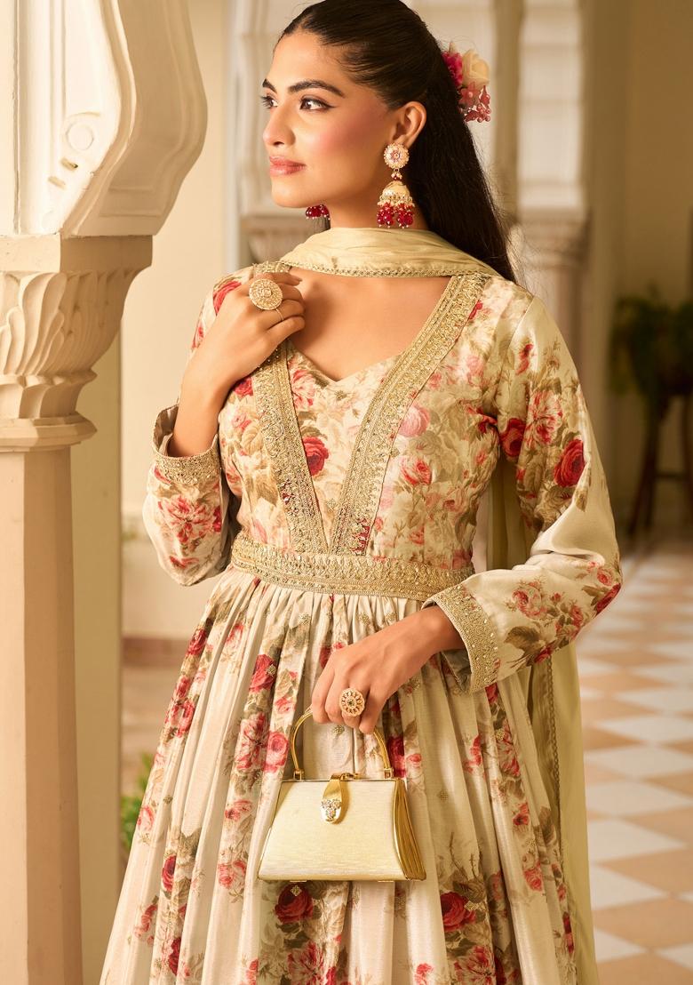 Cream Sequin Work Georgette Kurta With Dupatta - Indya