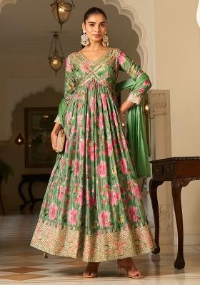 Green Sequin Work Georgette Kurta With Dupatta