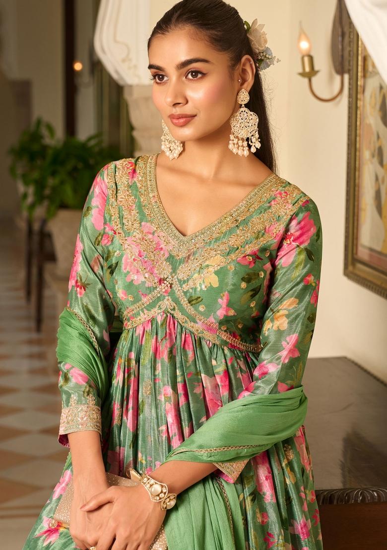 Green Sequin Work Georgette Kurta With Dupatta - Indya