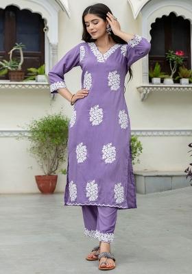 Lilac Floral Printed Silk Kurta Set