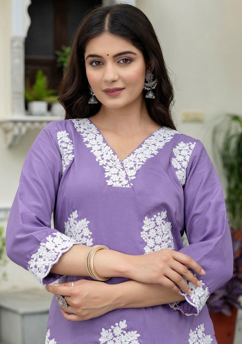 Lilac Floral Printed Silk Kurta Set - Indya