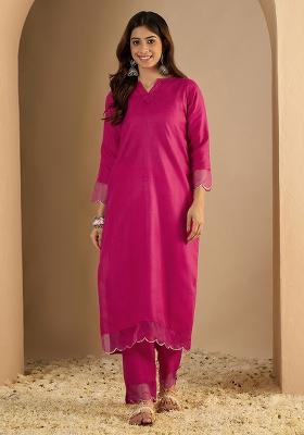 Fuchsia Pink Solid Cotton Kurta Set