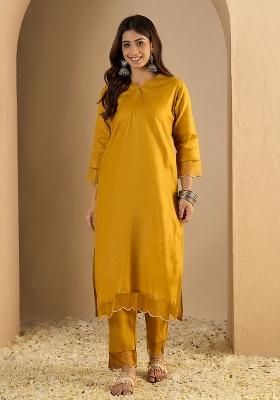 Mustard Solid Cotton Kurta Set