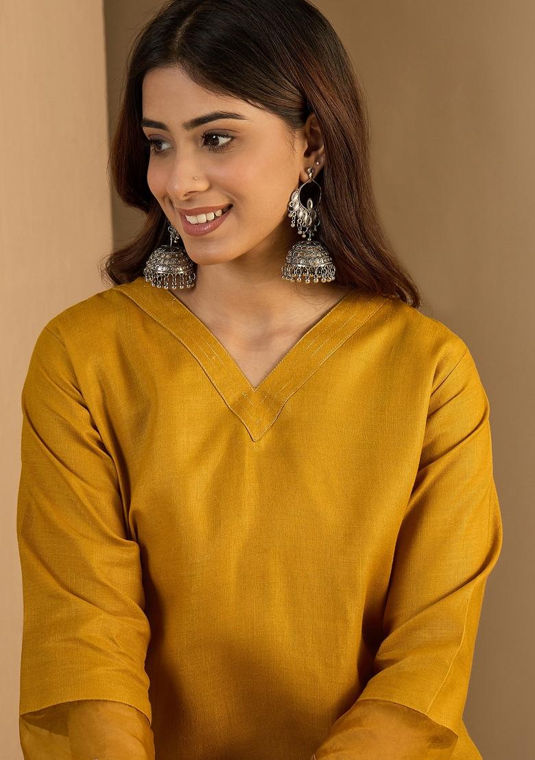 Mustard Solid Cotton Kurta Set - Indya