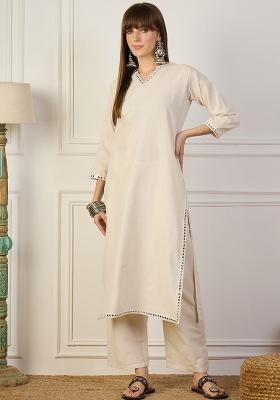 Nude Mirror Work Cotton Kurta Set