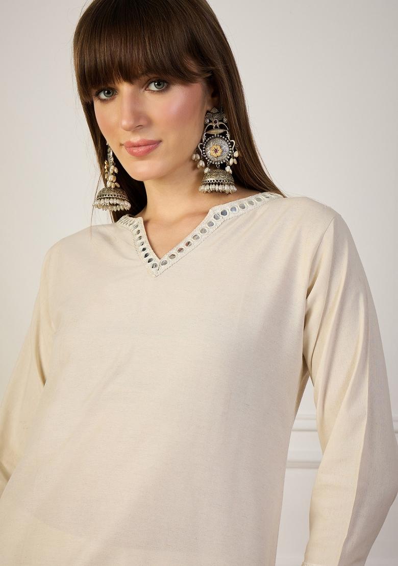 Nude Mirror Work Cotton Kurta Set - Indya