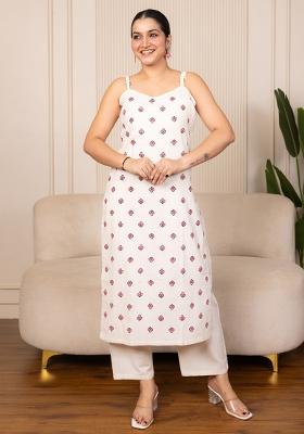 White Floral Printed Cotton Kurta Set