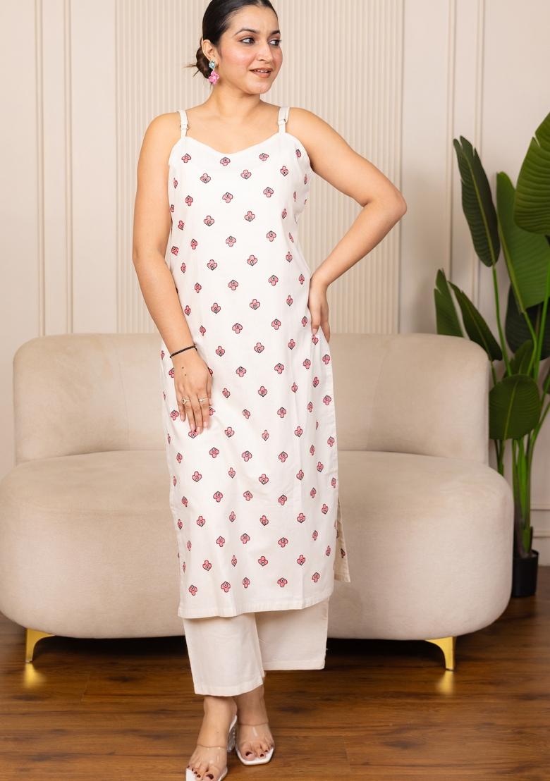 White Floral Printed Cotton Kurta Set - Indya
