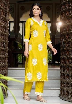 Yellow Floral Printed Silk Kurta Set