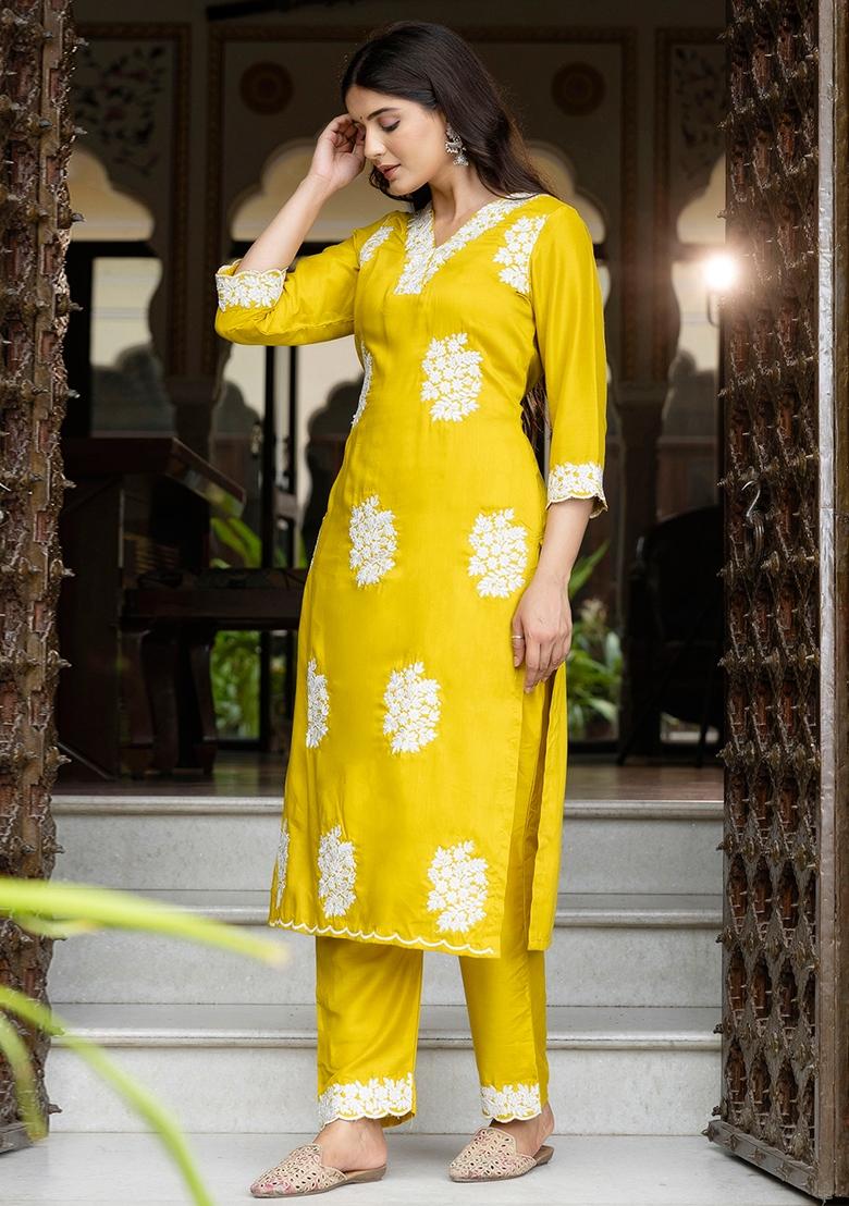 Yellow Floral Printed Silk Kurta Set - Indya