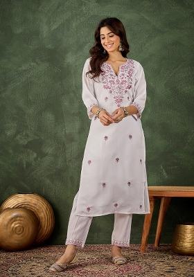 Grey Embroidered Silk Kurta Set