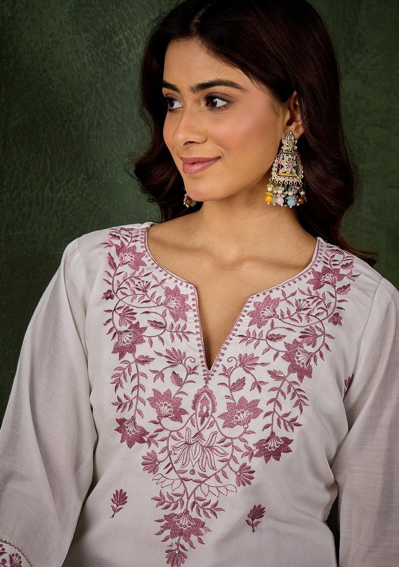 Grey Embroidered Silk Kurta Set - Indya