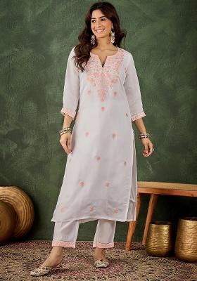 Grey Embroidered Silk Kurta Set