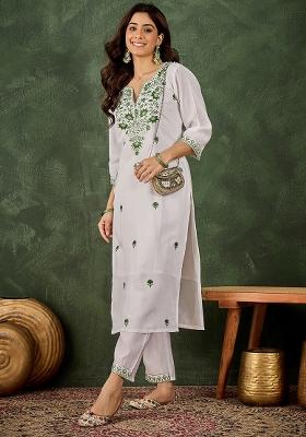 White Embroidered Silk Kurta Set